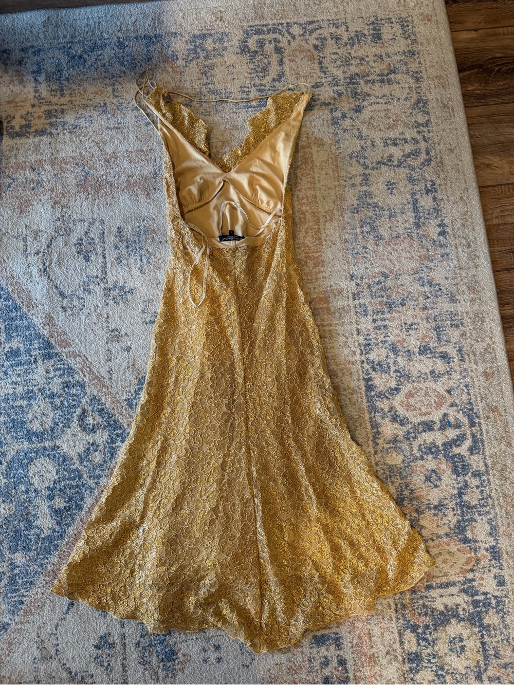 Vintage Betsey Johnson Gold Lace Ruffle V-Neck Halter Dress Sz S Y2K Whimsygoth - Picture 5 of 7